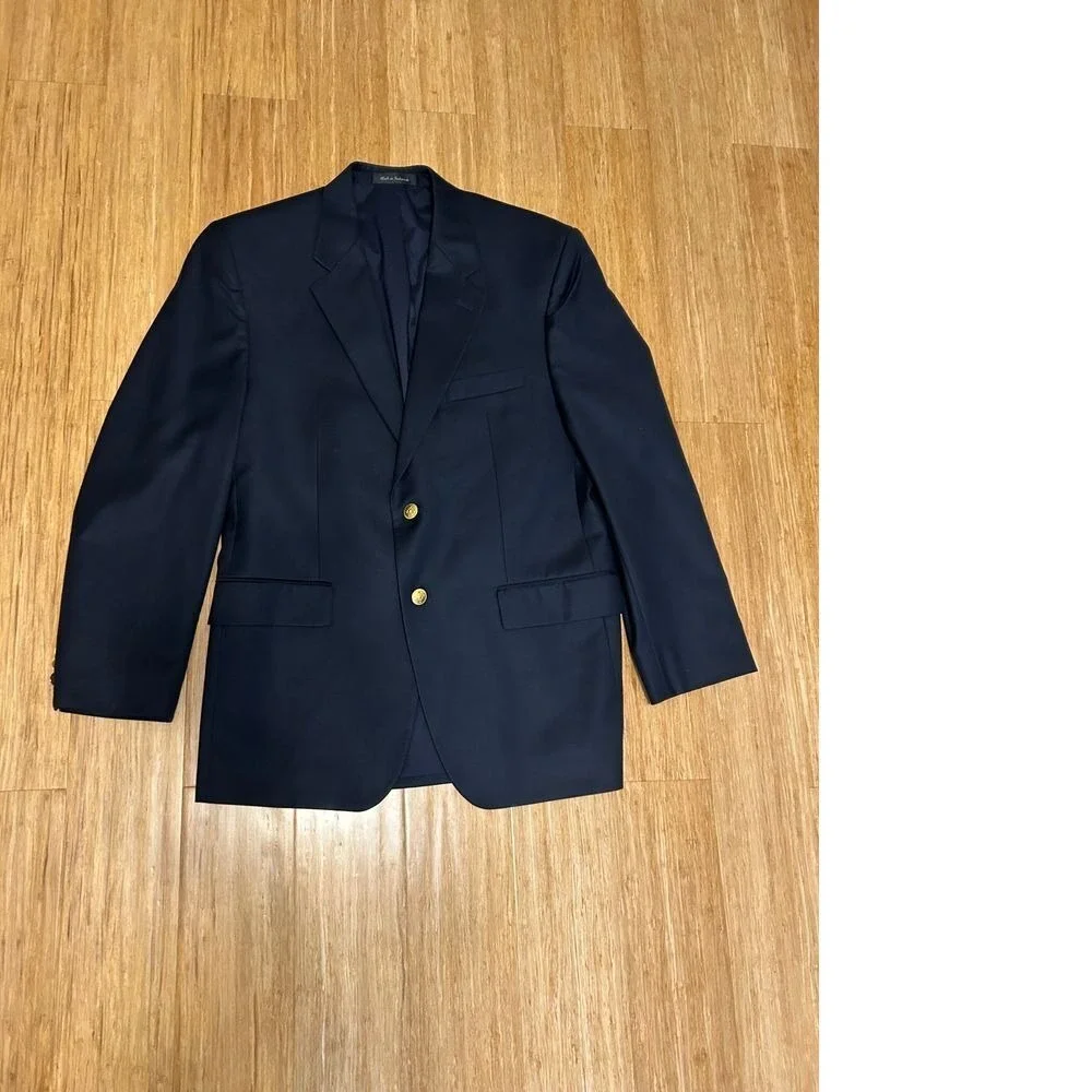 Lauren Ralph Lauren 40 R gold button navy blue wool suit blazer jacket‎ Career
